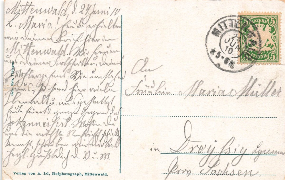 AK Mittenwald (82481), Hornsteinerhaus, gelaufen 21.06.1910