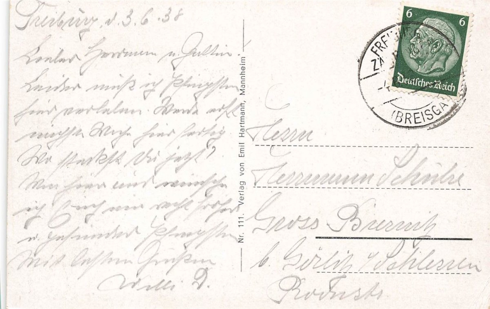 AK Freiburg im Breisgau (79098), Günterstal mit Schauinsland, gelaufen 04.06.1938