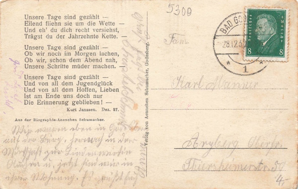 AK Aennchen Schumacher, Aennchen-Heim und die Linden, gelaufen 28.12.1930