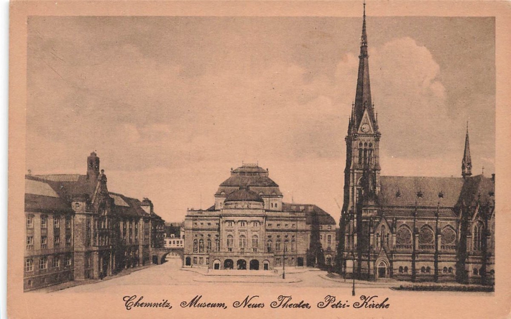AK Chemnitz (09111), Museum, Neues Theater und Petri-Kirche, n. gelaufen