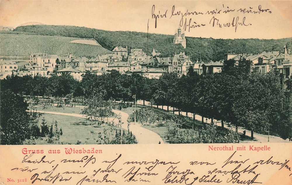 AK Wiesbaden (07545), Nerothal mit Kapelle, gelaufen am 31.07.1900 (Güglingen)