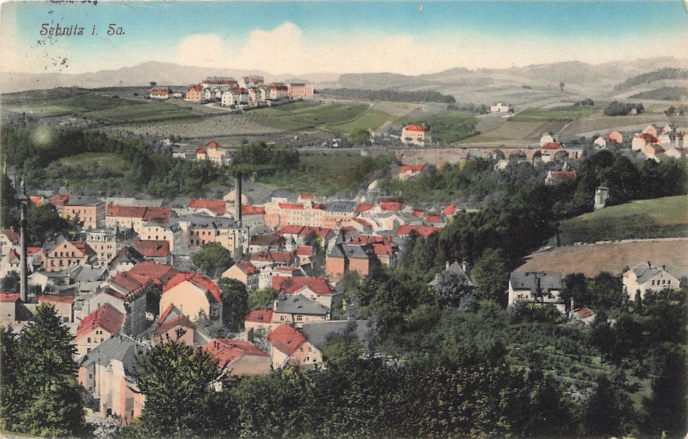 AK Sebnitz (01851), Blick auf Sebnitz, gelaufen am 17.09.1915 (Sebnitz)