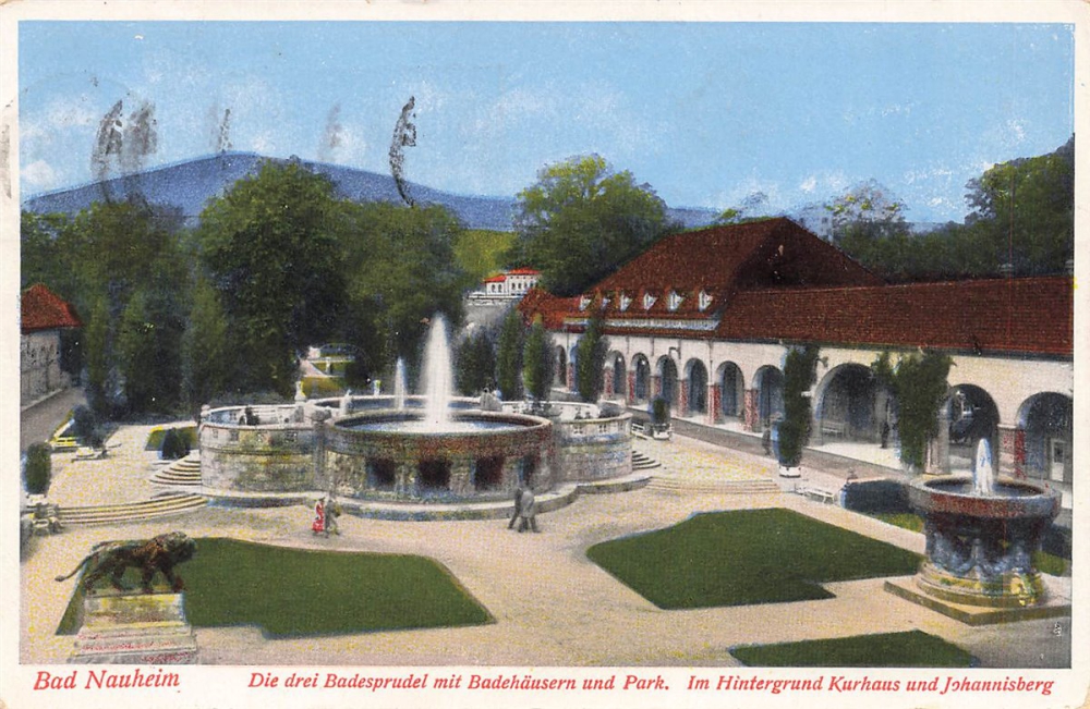 AK Bad Nauheim (61231), Die drei Badesprudel mit Badehäusern und Park, gelaufen am 10.09.1936 (Bad Nauheim)