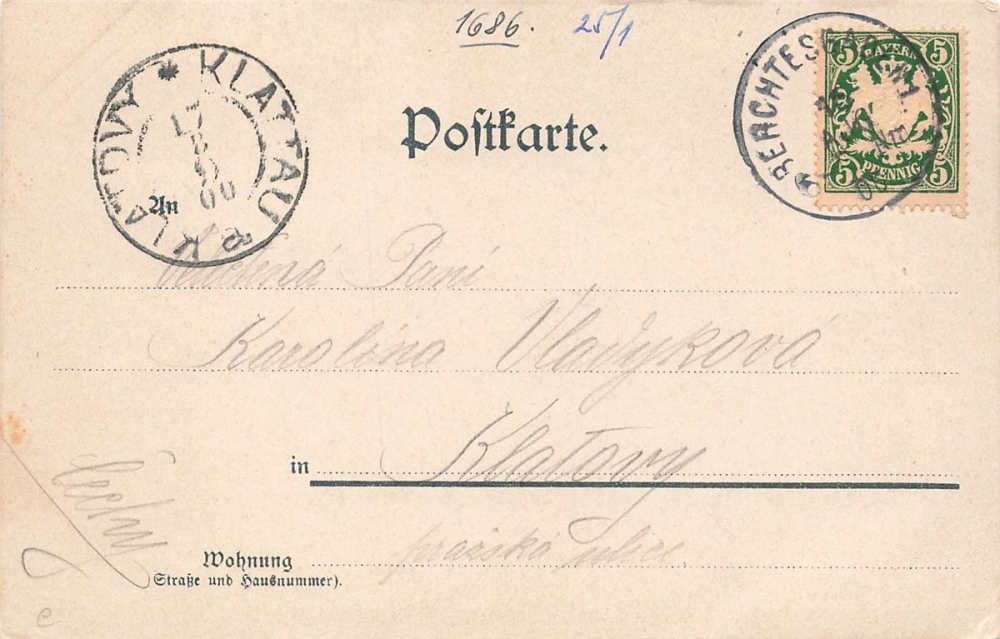 AK Marktschellenberg (83487), Gruss aus der Almbachklamm., gelaufen am 17.08.1900 (Klattau)