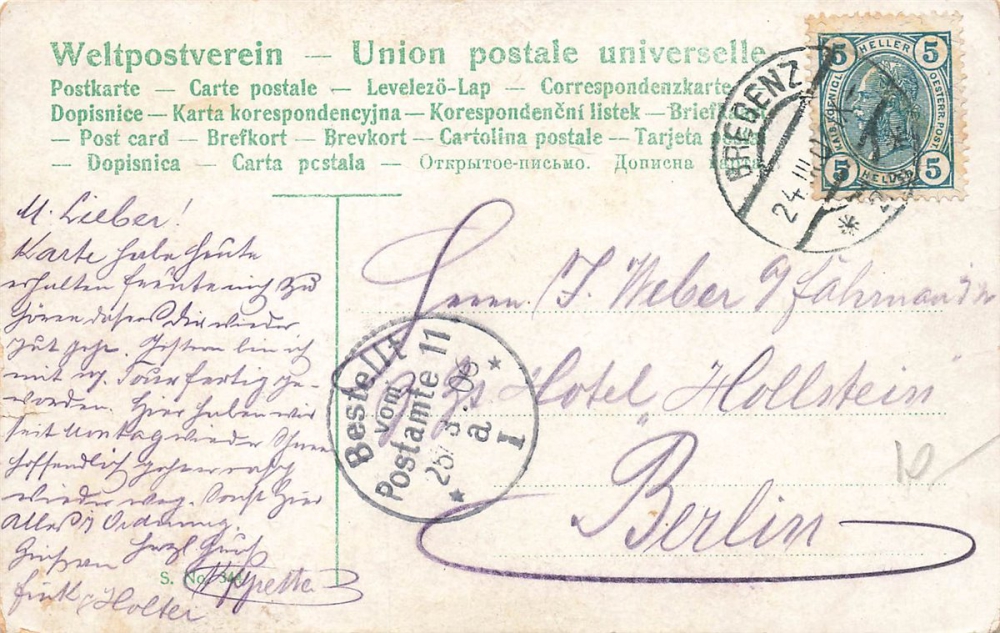 AK "Auf Brautschau", Motivkarte., gelaufen am 24.03.1906 (Bregenz)