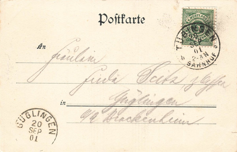 AK Tübingen (72070), Neue Neckarbrücke, gelaufen am 20.09.1901 (Güglingen)