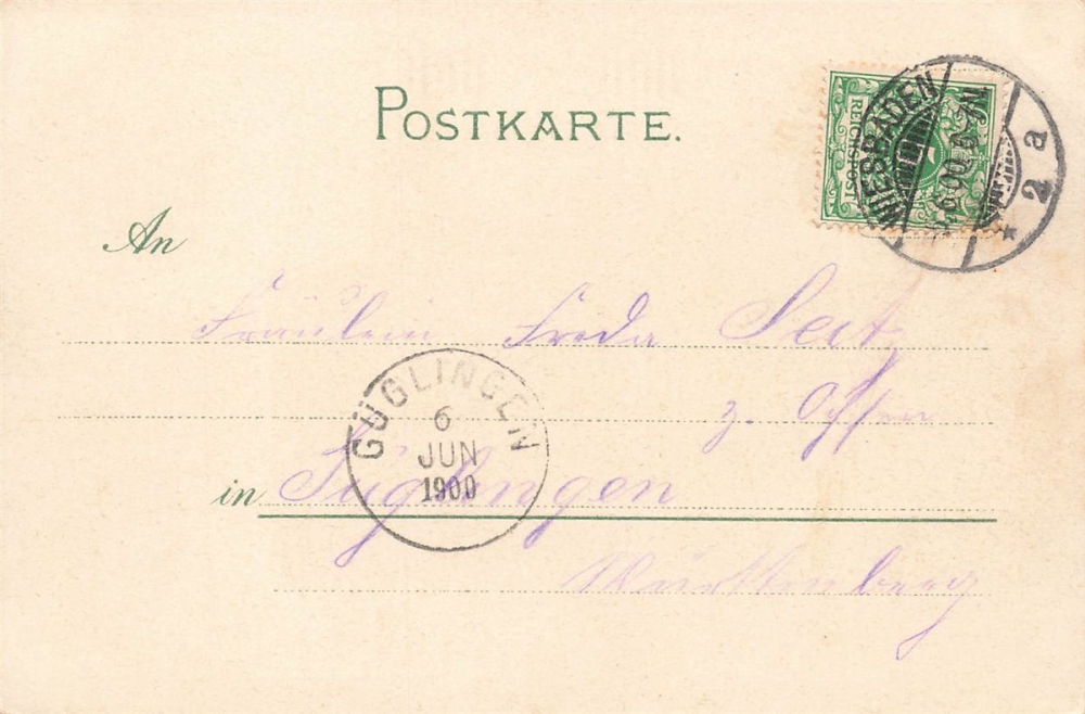 AK Wiesbaden (65183), Kuranlage mit Kaiser Wilhelm Denkmal, gelaufen am 06.06.1900 (Güglingen)