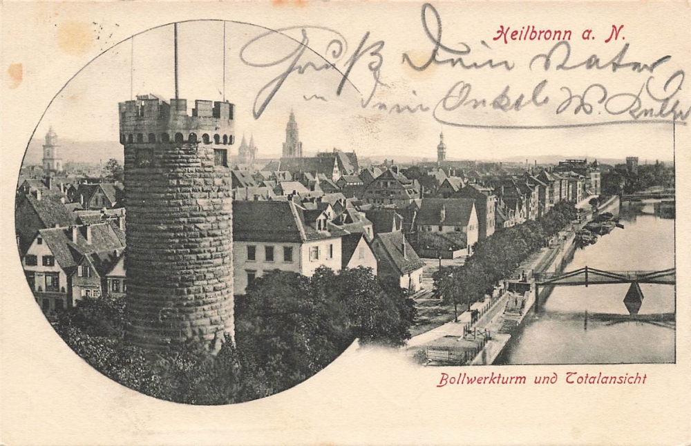 AK Heilbronn a.N. (74072), Bollwerkturm und Totalansicht, gelaufen am 14.04.1907 (Bietigheim)