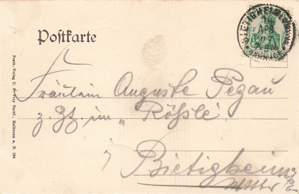 AK Heilbronn a.N. (74072), Bollwerkturm und Totalansicht, gelaufen am 14.04.1907 (Bietigheim)