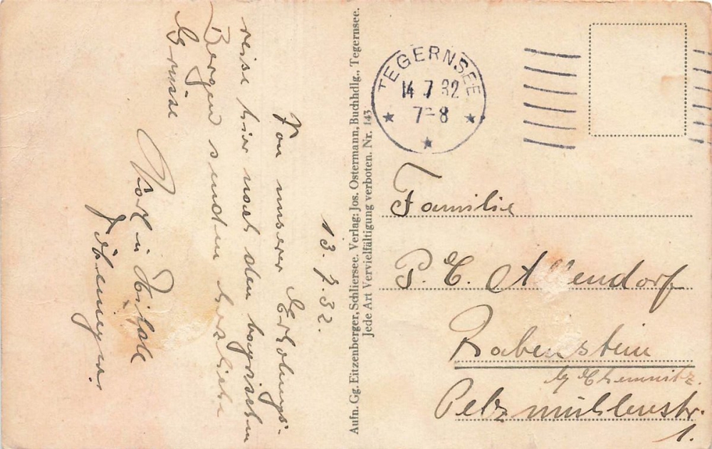 AK Kreuth (83708), Kreuth m. Leonhardsheim u. Ross.- und Buchheim , gelaufan am 14.07.1932 - o. Briefmarke