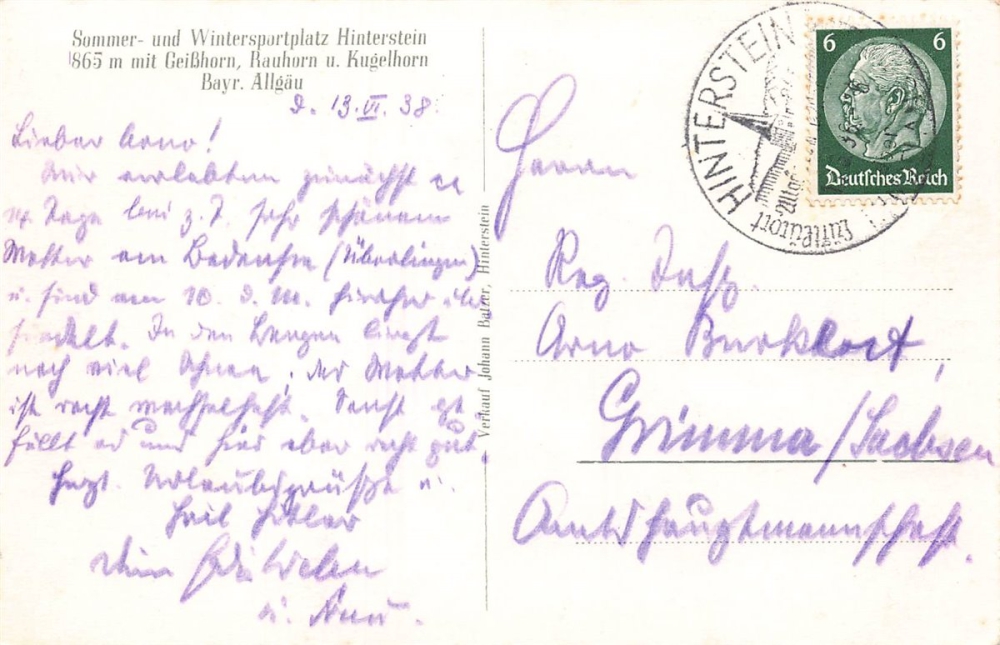AK Hinterstein (87541), Sommer- und Wintersportplatz Hinterstein , gelaufen am 13.06.1938 (Hinterstein)