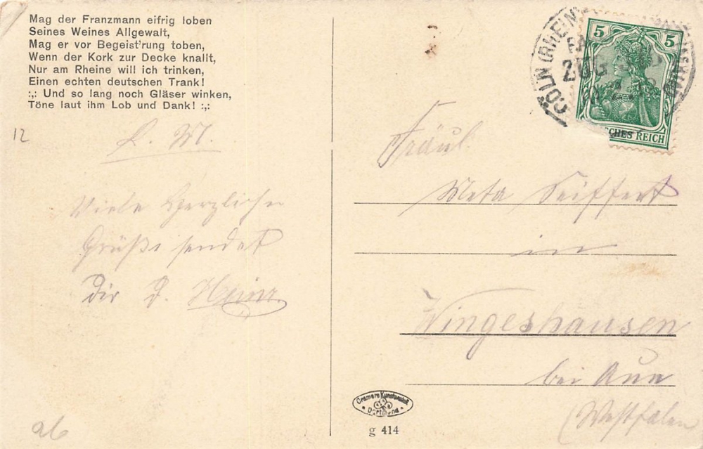 AK Künstlerkarte, Gruss vom Vater Rhein, BAHNPOST gelaufen am 10.12.1912