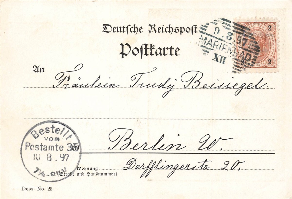 AK Künstlerkarte, "Gruss aus Marienbad - PRINZESS CHIMAY", gelaufen am 09.08.1897 (Marienbad)