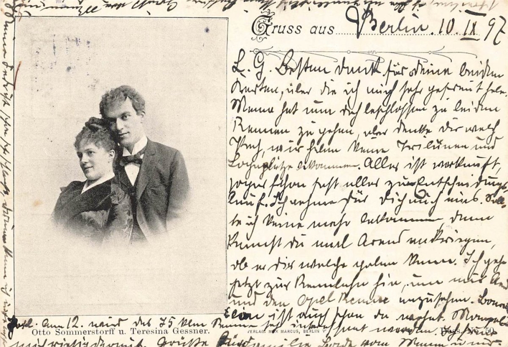 AK Künstlerkarte, "Gruss aus Berlin - Otto Sommerstorf & Teresina Gessner", gelaufen am 11.09.1897 (Hildesheim)