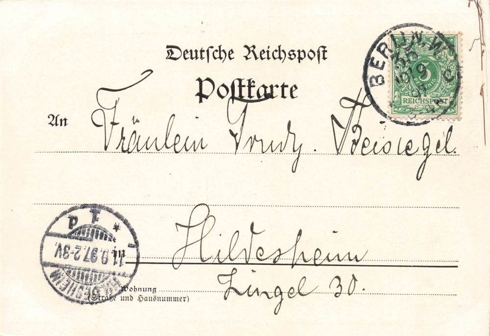 AK Künstlerkarte, "Gruss aus Berlin - Otto Sommerstorf & Teresina Gessner", gelaufen am 11.09.1897 (Hildesheim)