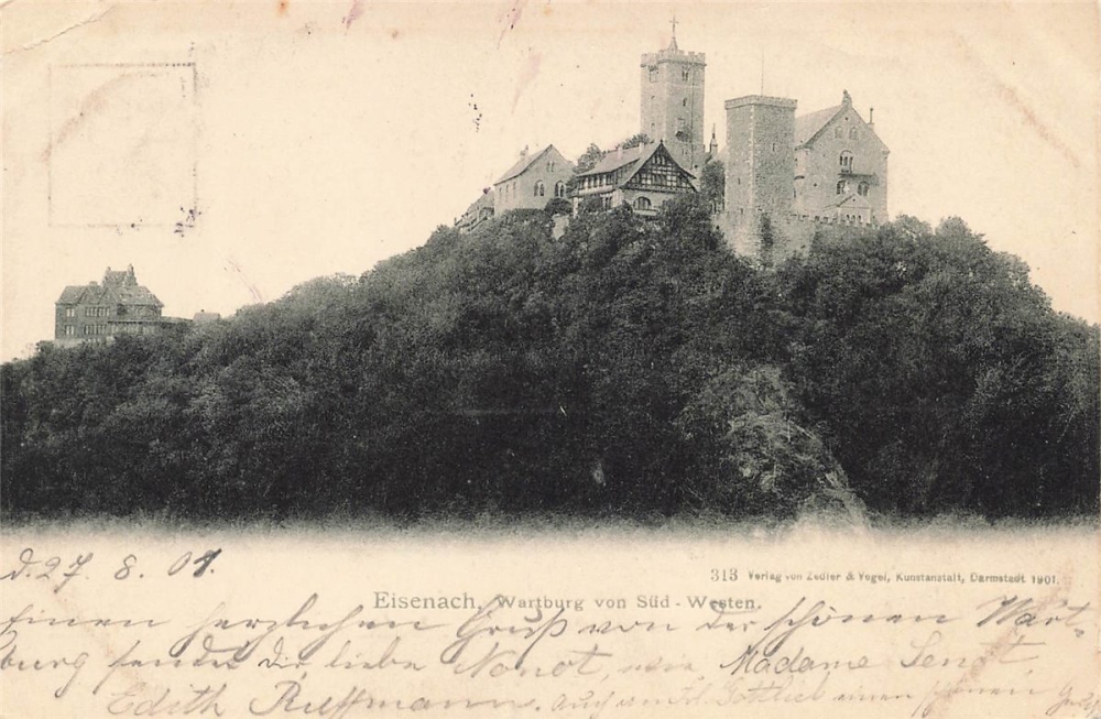 AK Eisenach (99817) Wartbyrg von Sud - Westen, gelaufen am 28.08.1912 (Bad Reichenhall)