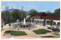 AK Bad Nauheim (61231), Die drei Badesprudel mit Badehäusern und Park, gelaufen am 10.09.1936 (Bad Nauheim)