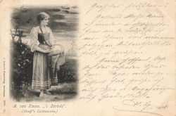 AK Künstlerkarte von Fr. Freitag ,,Ortschaft bei Winter-Abendhimmel", gelaufen am 08.12.1905 (Aue)