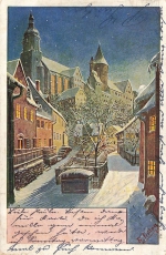 AK Künstlerkarte von A. Fr. Freitag ,,Ortschaft bei Winter-Abendhimmel", gelaufen am 08.12.1905 (Aue)