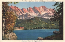 AK Garmisch-Partenkirchen (82467), Alpenhotel Eibsee mit Zugspitze, gelaufen am 18.07.1936 (Misch-Partenkirchen)